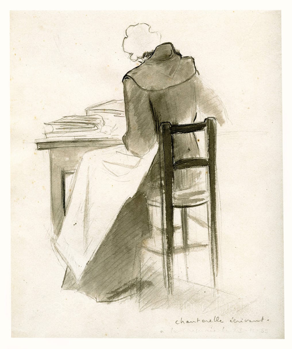 Disegno di La Caille: Chanterelle mentre scrive