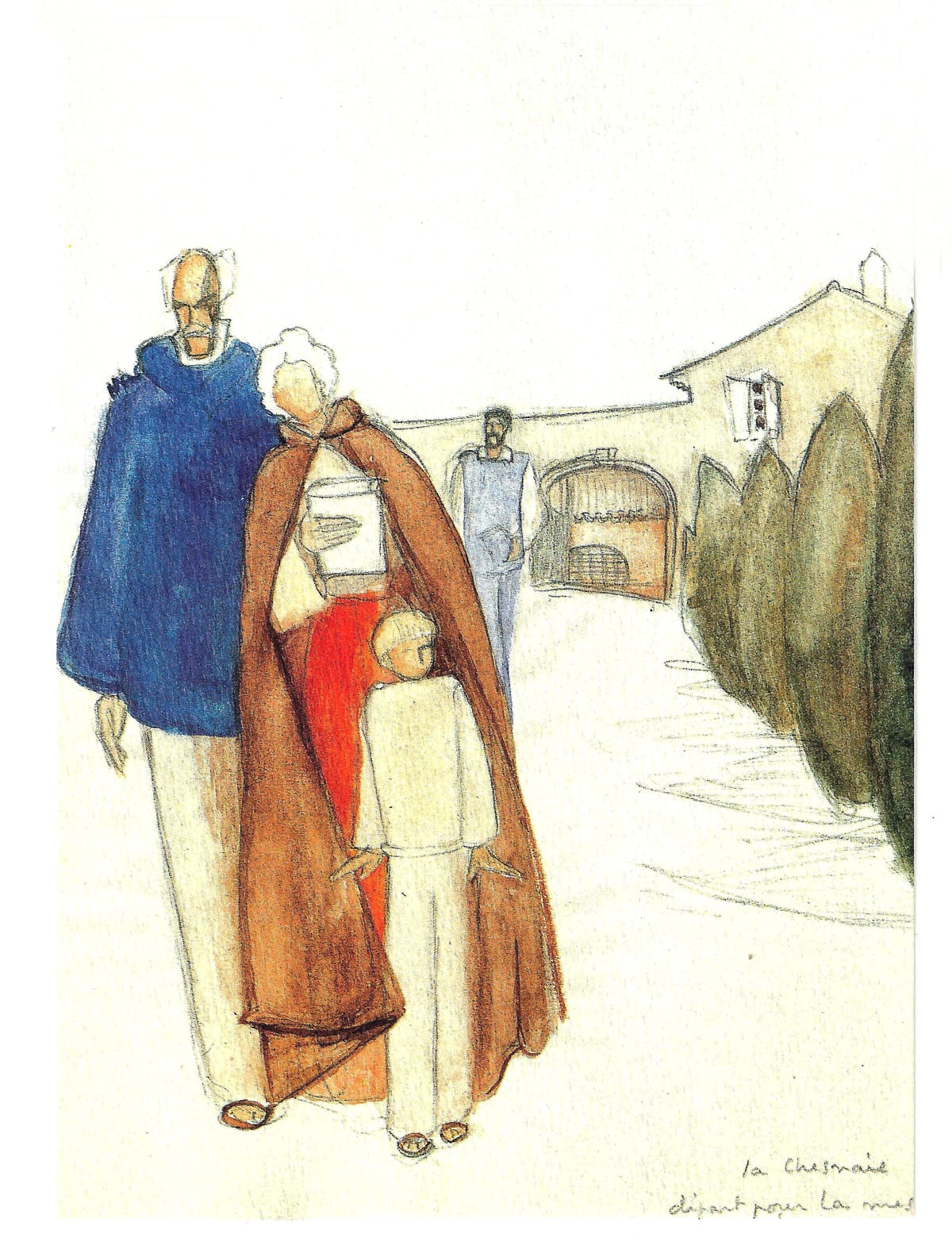 Dibujo de La Caille: salida para ir a misa