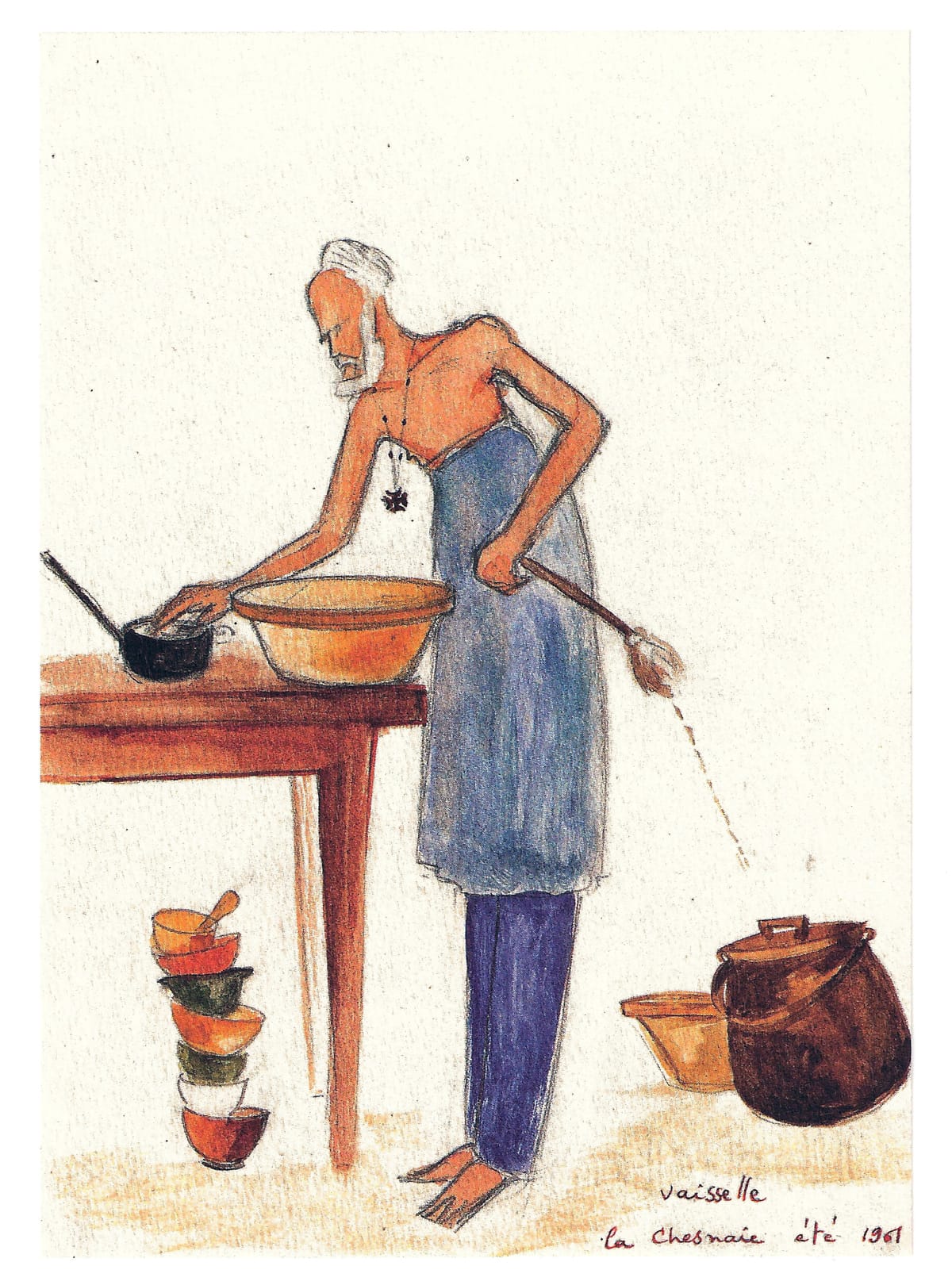 Dibujo de La Caille: lavando platos