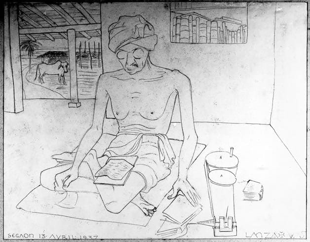 Gandhi a la rueca dibujado por Lanza en Segaon, abril 1937