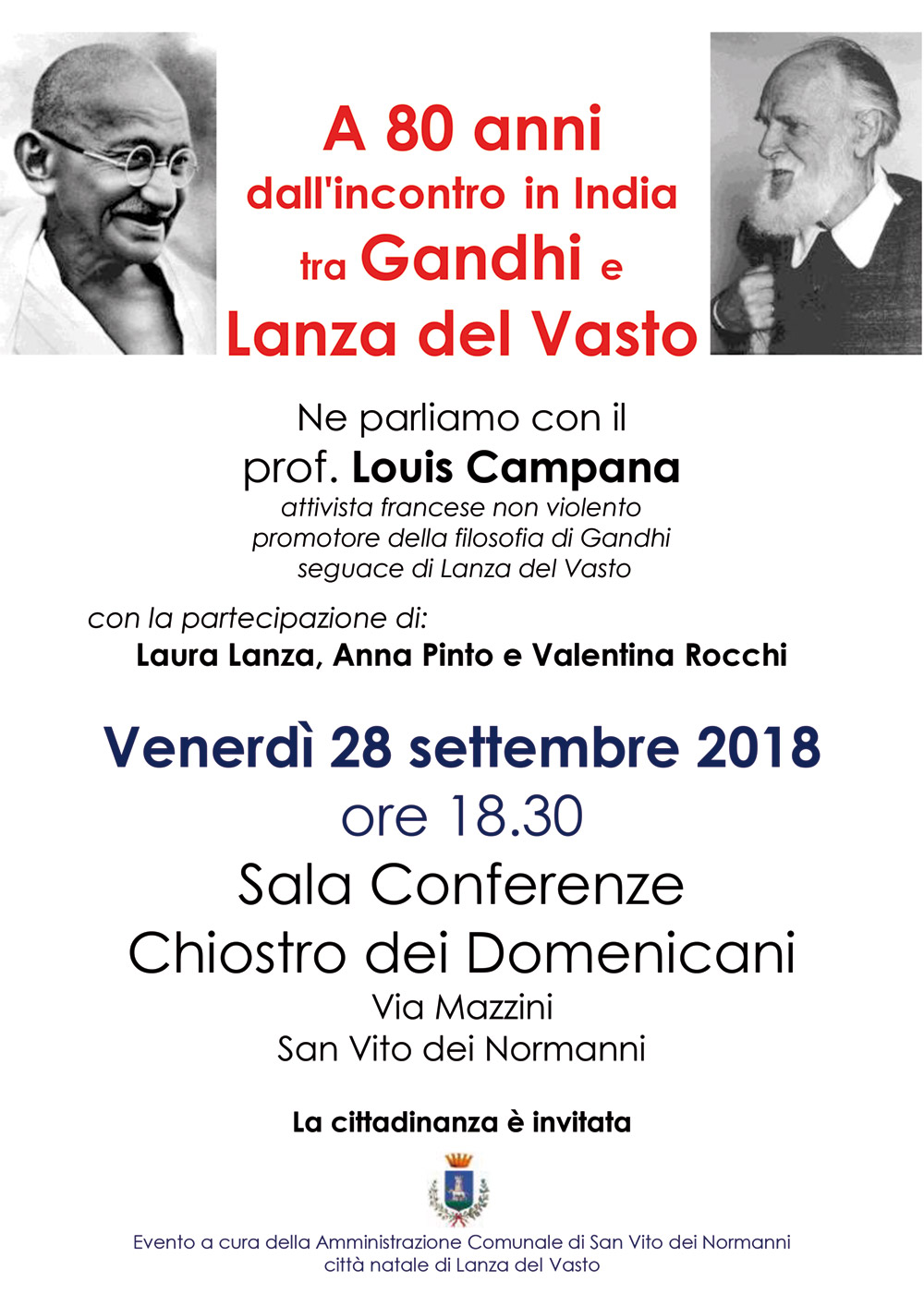 San Vito dei Normanni celebra gli 80 anni dell’incontro fra Gandhi e Lanza del Vasto